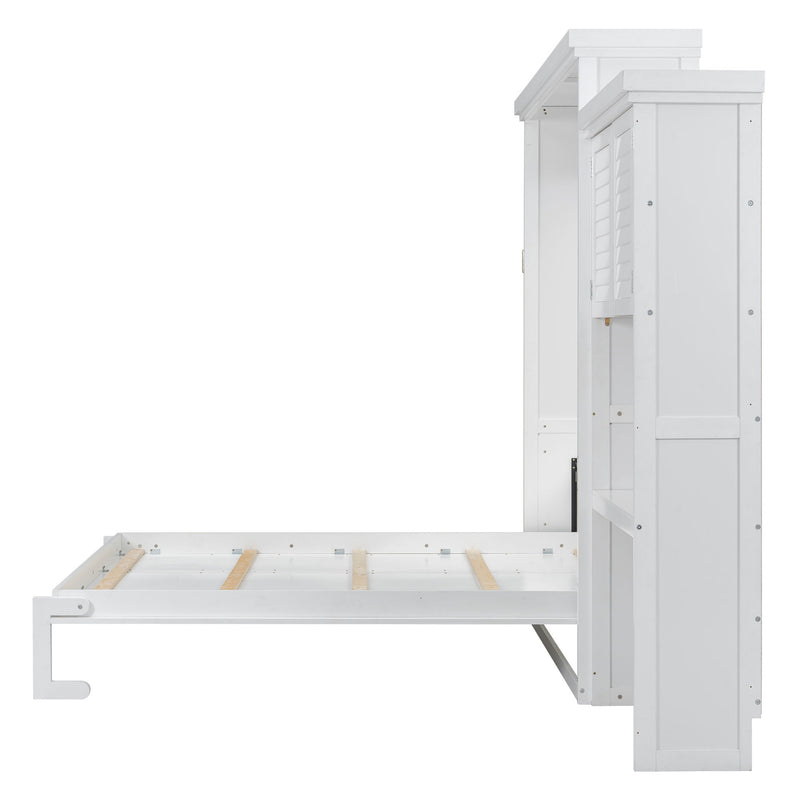 Queen Size Murphy Bed With Louvered Design And Multiple Storage Shelves - White