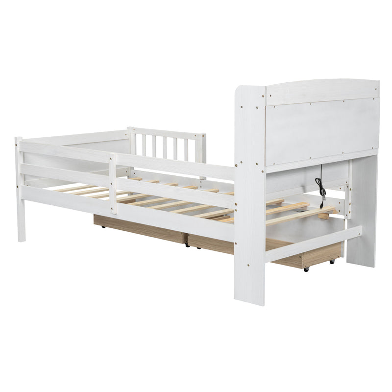Platform Bed With LED Light, Multi Functional Headboard, Guardrail And 2 Drawers
