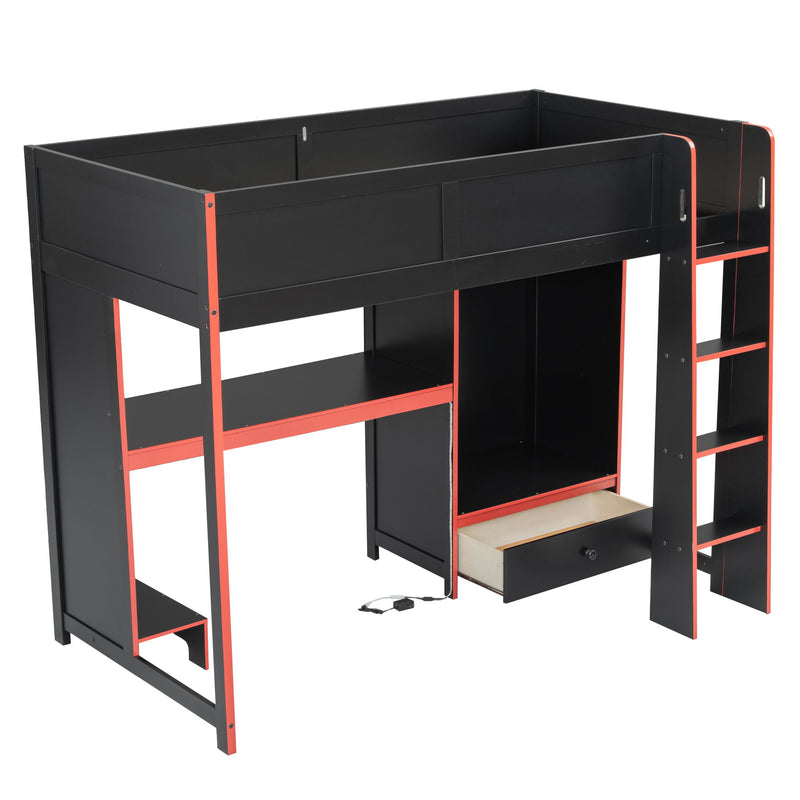Gaming Loft Bed With Built In Desk, Wardrobe, LED Lighting And Drawer