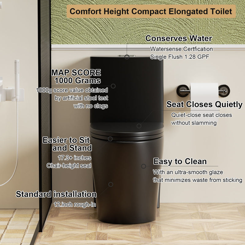 1 Piece Toilet With Tornado Flush, Dual Flush, And ADA Height Comfort Chair