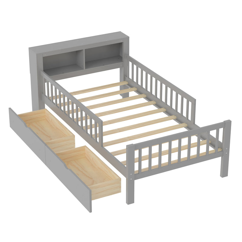 Bed With Headboard Storage Rack, 2 Under Bed Drawers, 3 Side Guardrails For Safety