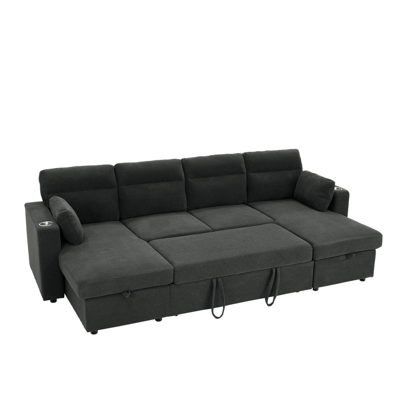 Convertible Sectional Sofa With Storage Chaise, Cup Holders And Pull Out Sleeper