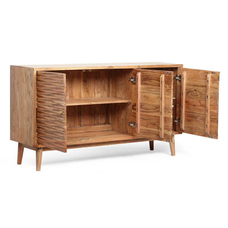 Boho Handcrafted 3 Door Sideboard, Carved Texture & Artisanal Charm - Natural