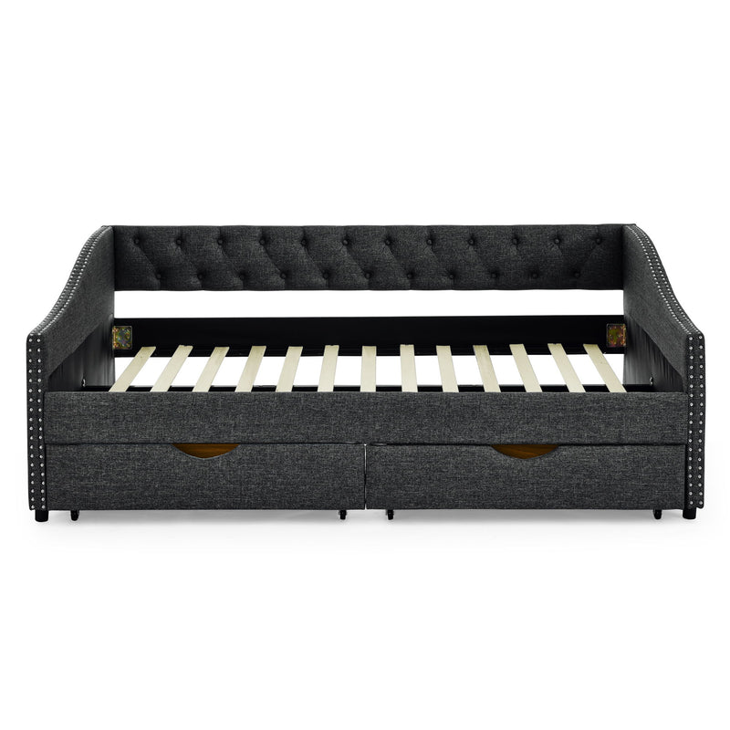 Full Size Upholstered Daybed With Tufted Back And Nail Trimmed Waved Arms - Dark Gray