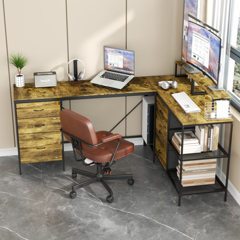 Industrial L Shaped Desk With Power Hub With 6 Drawers And Adjustable Monitor Stands - Brown