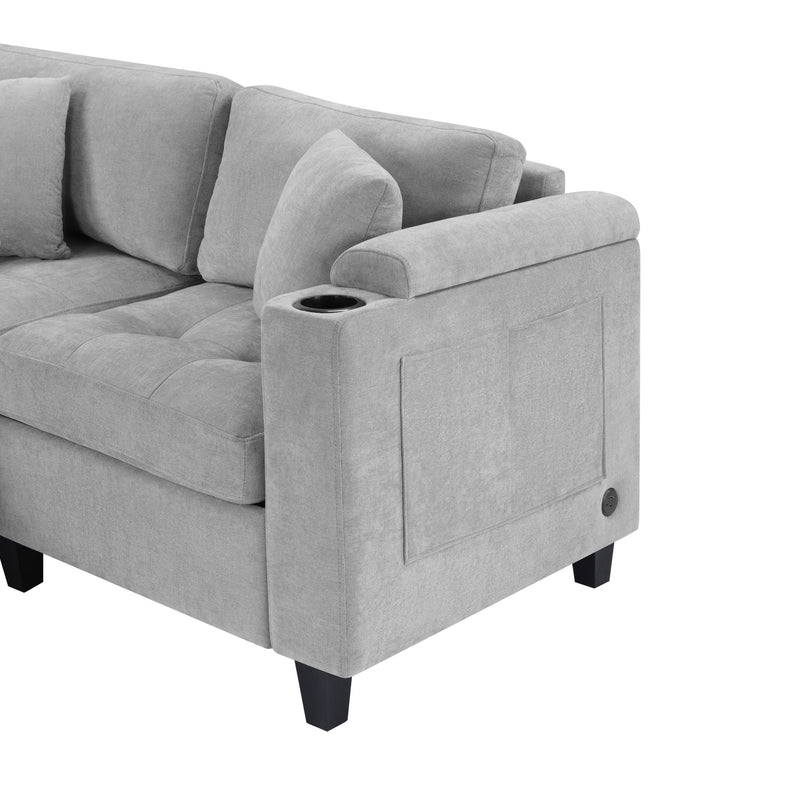 U Shaped Sectional Sofa, Corner Living Room Couch With Built In Cup Holders, Storage, USB Ports