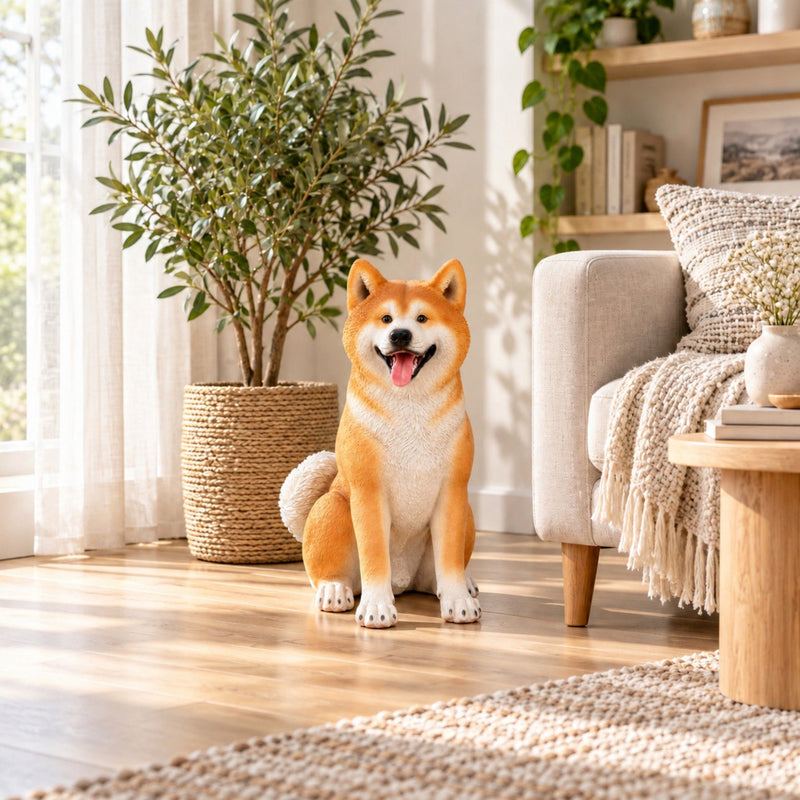Shiba Inu Dog Statue, Sitting Animal Sculpture For Home Garden - Yellow / White