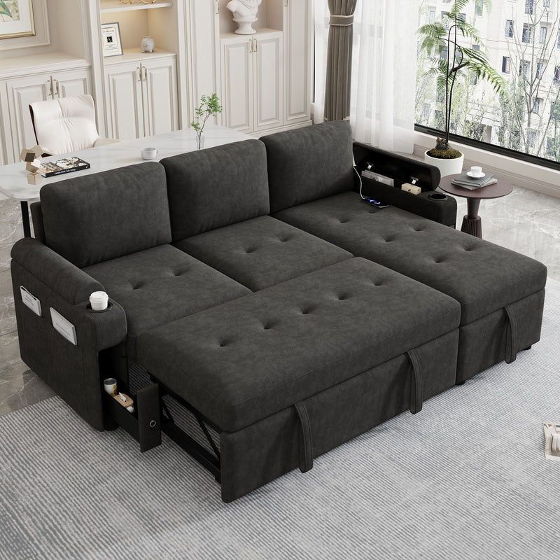 Convertible L Shaped Sofa Couch With Storage, Cup Holders, USB Ports