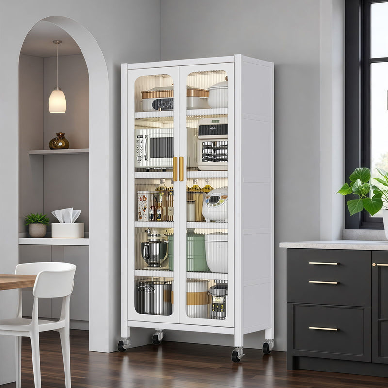6 Tier Storage Cabinet With Transparent Door, Adjustable Shelves & Wheels