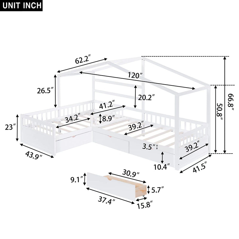 L Shape Platform Bed With 3 Storage Drawers