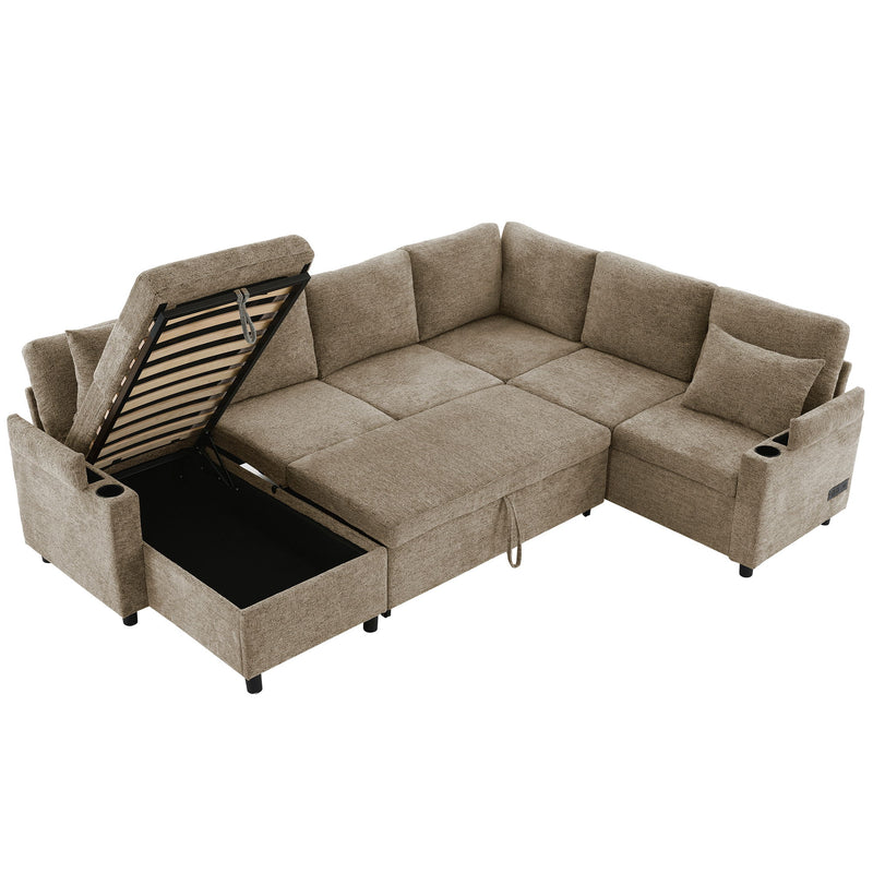 U-Shaped Sectional Sofa Bed With Storage, Charging Ports, And Cup Holders - Brown