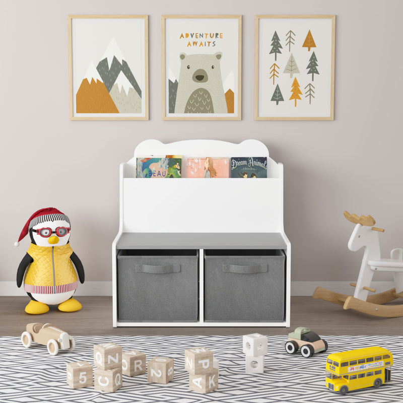 Bookshelf With Storage Bins, Bookcase With Book Display Shelf And 2 Bins, Cute Bear Shaped Backboard, Toy Organizer - White