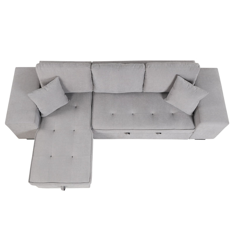 Modern L-Shape 3 Seat Reversible Sectional Couch, Pull Out Sleeper Sofa With Storage Chaise And 2 Stools For Living Room Furniture Set