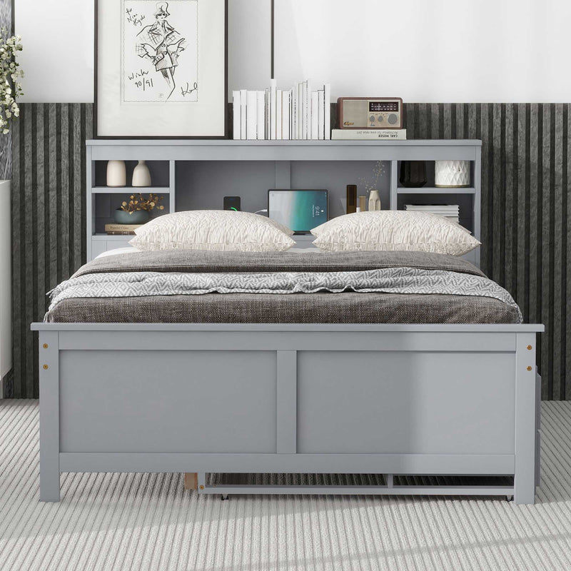 Platform Bed With Storage Headboard, USB, Trundle And 3 Drawers
