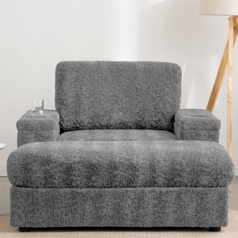 Oversized Chaise Lounge Indoor Rabbit Fur Sofa Bed With Storage Ottoman And Armrests Cup Holders With Deep Seat