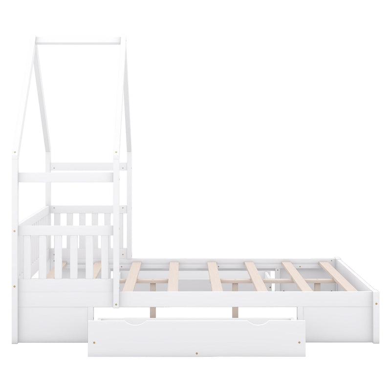 House Style Platform Bed With Guardrail And 2 Drawers