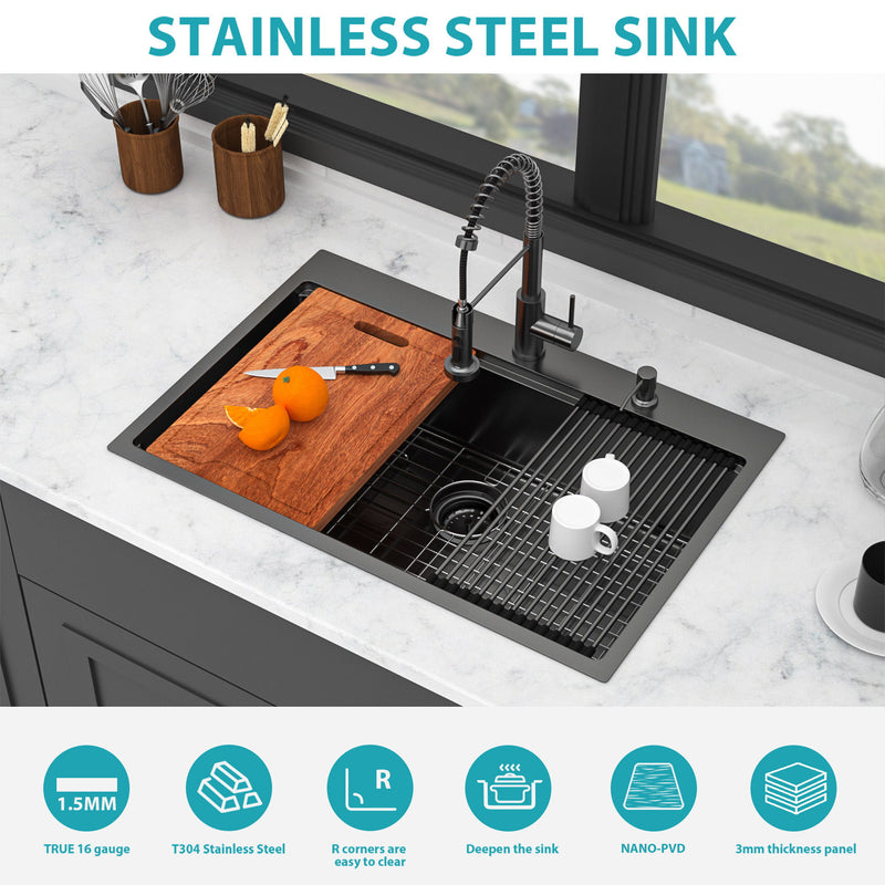 Drop In Workstation Sink Topmount Single Bowl With Pull Out Faucet And Soap Dispenser - Gunmetal Black