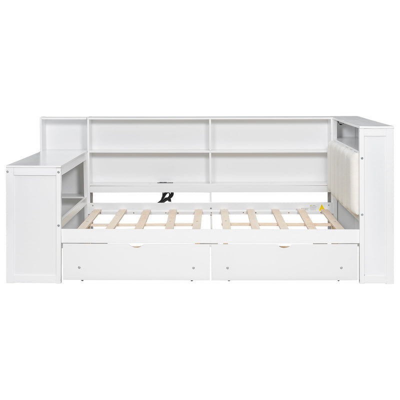 Platform Bed With Storage Shelves, Drawers, Charging Station, LED, Desk