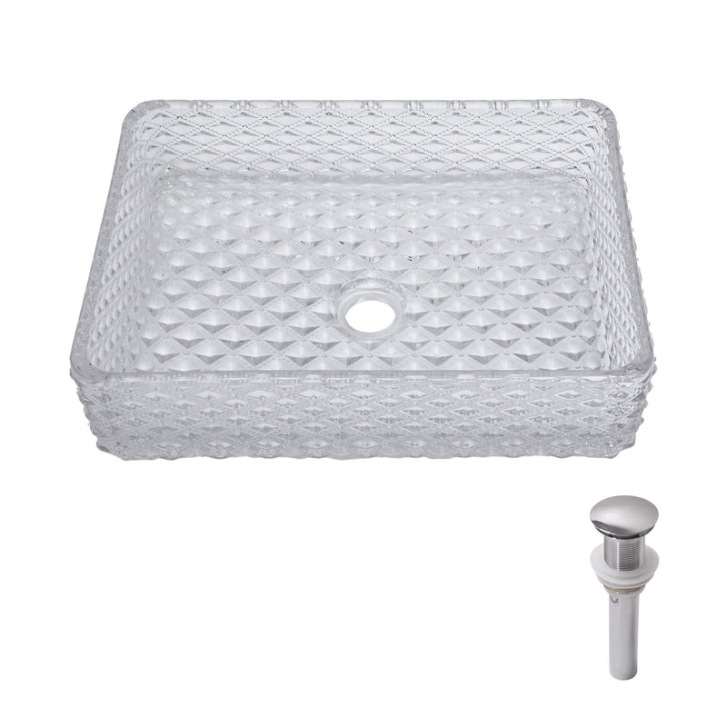 Rectangle Vessel Sink With Diamond Texture With Pop Up Drain (No Faucet) - White
