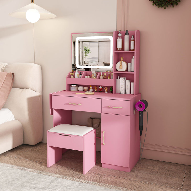 Vanity Desk With LED Mirror Lights And Charging Outlet
