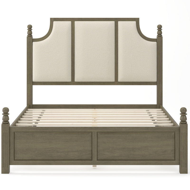 Farmhouse Platform Bed Frame With Tall Linen Upholstered Headboard