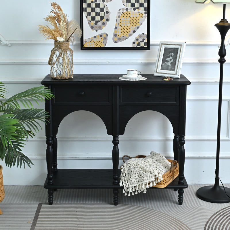 Accent Carved Console Table With Open Shelf And 2 Drawers For Living Room - Black