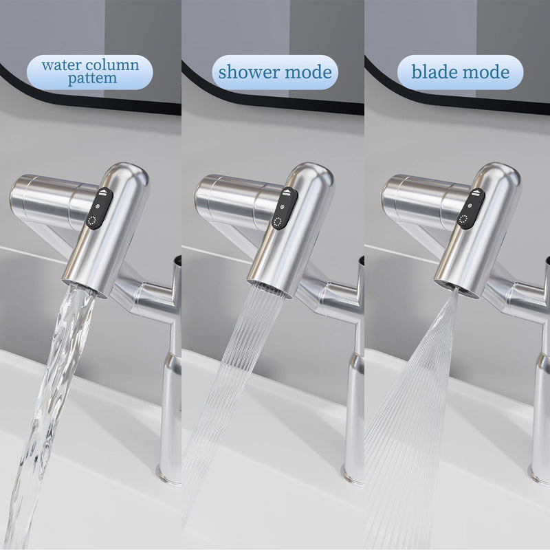 Bathroom Sink Faucet With Spray Function And Temperature Display, Anti Skid Switch, 360 Degree Rotary