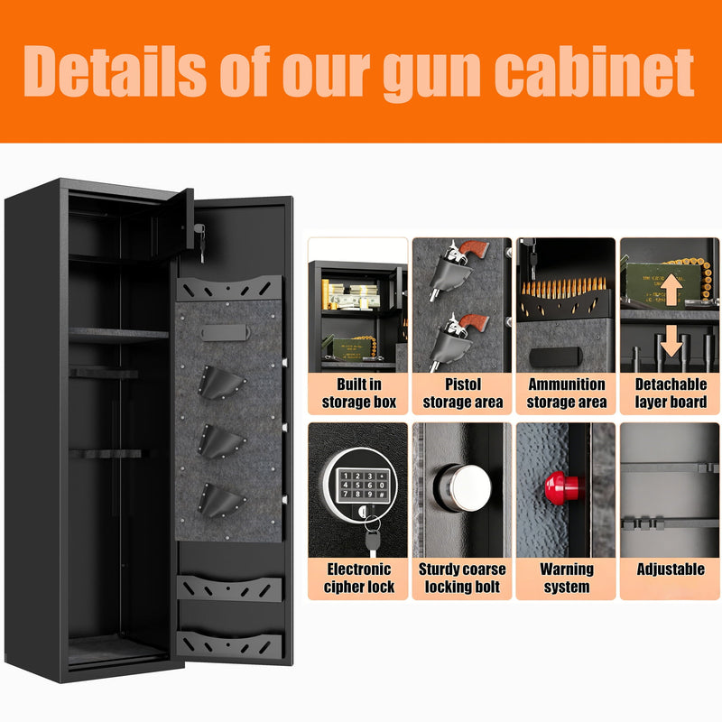 Large Capacity Mechanical Gun Safe For Rifles & Handguns, Digital Password Lock, Built In Independent Lock Box, Adjustable Shelves - Black