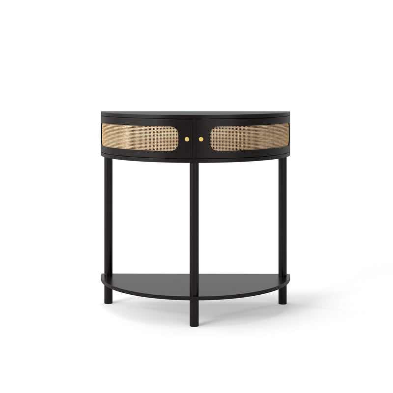 Boho Rattan Semi Circle End Table With Sliding Rattan Door, Storage And Bottom Shelf