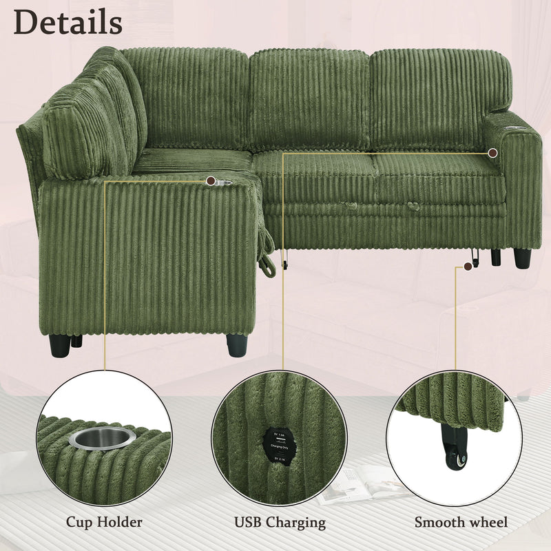 L-Shaped Sofa With Pull Out Sofa Bed With USB