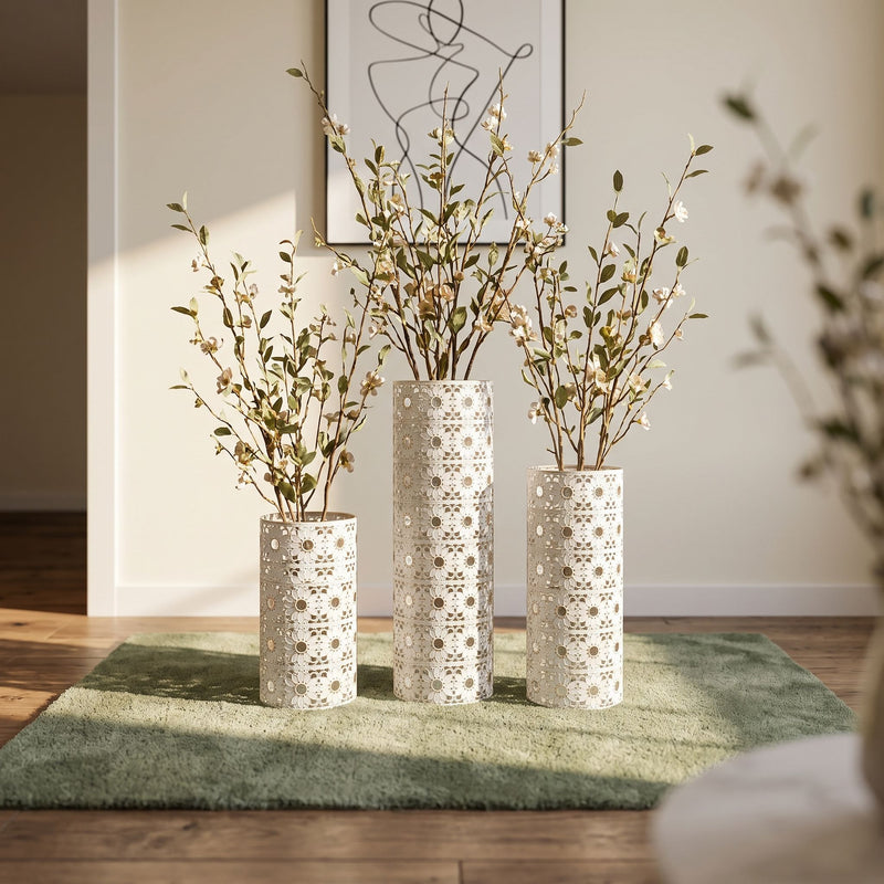 Handcrafted Cutout Hollow Tall Standing Floor Vase, Home Decor (Set of 3) - White / Gold