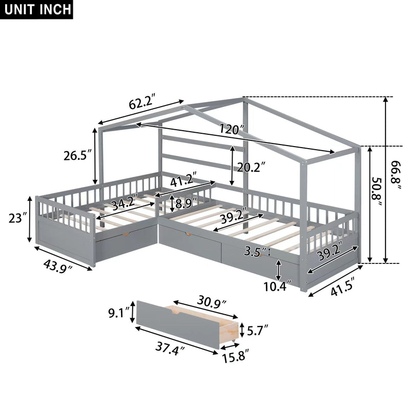 L Shape Platform Bed With 3 Storage Drawers