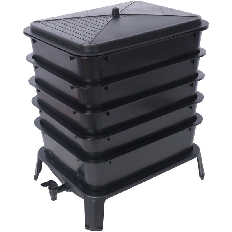 Eco Friendly 5 Layer Worm Compost Bin With 50L Capacity, Easy Setup Plastic Worm Farm Kit - Black