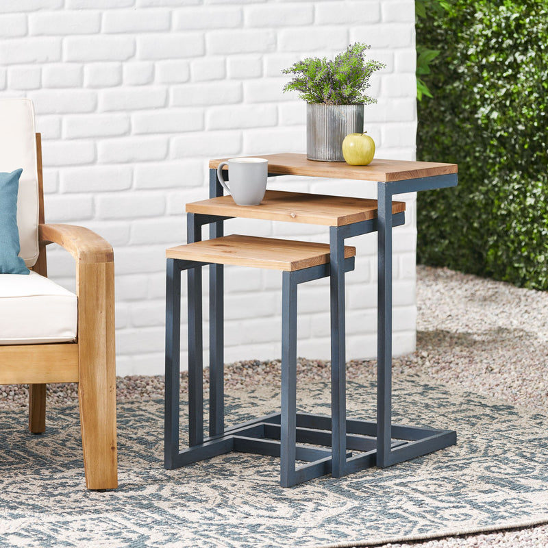 Kacha - Modern Industrial Firwood Nesting Tables (Set of 3) With Iron Frame - Antique Brown / Black