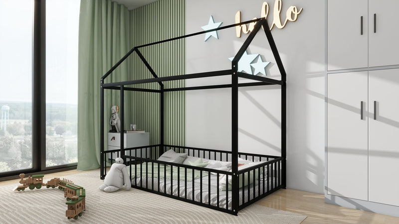 Metal Bed House Bed Frame With Fence