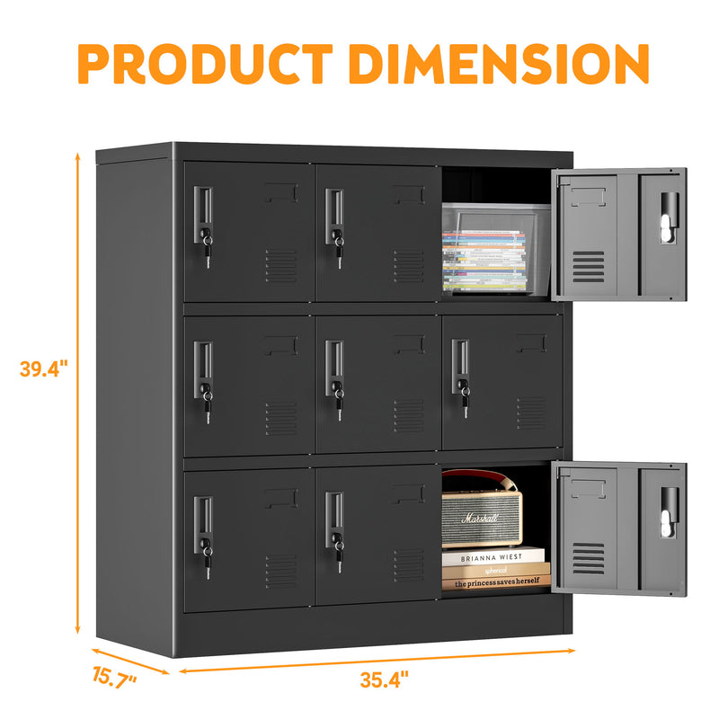 9 Door Employee Storage Locker With Card Slot, Lockers For Office, Gym, School, And Home - Black