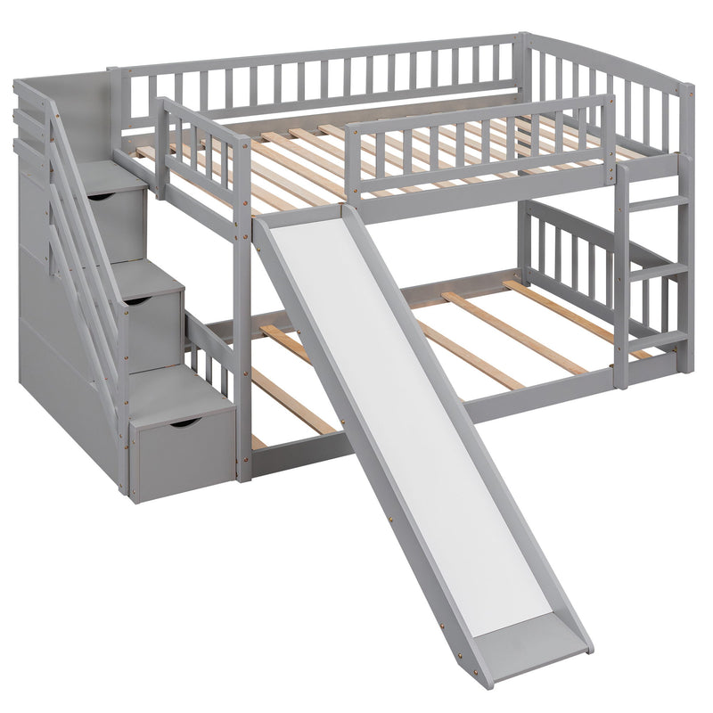 Twin Over Twin Bunk Stairway Bed With 2 Drawers And Slide - Gray