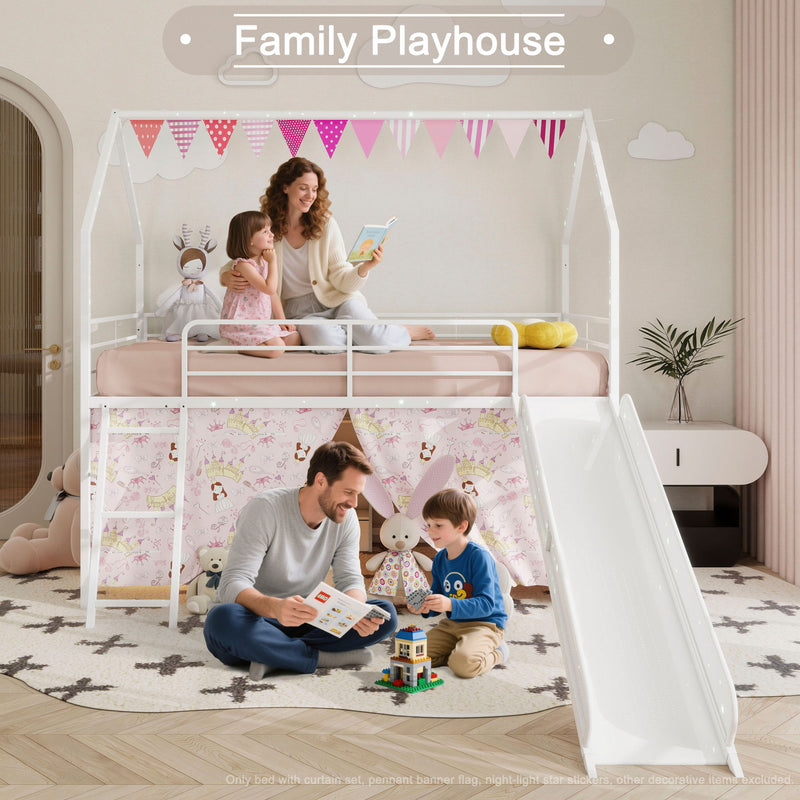 Jack - House Loft Bed With Slide And Curtain Set