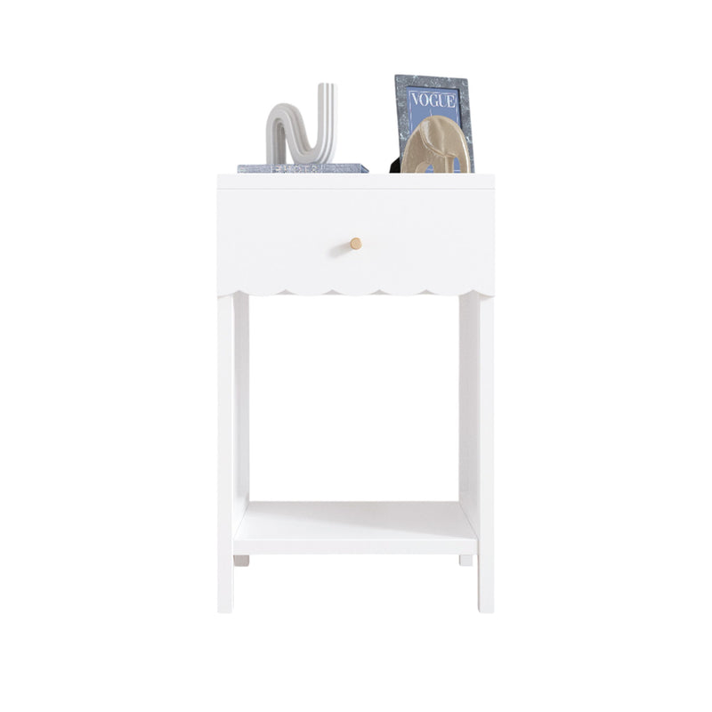Nightstand With Drawer And Open Shelf, Scalloped Edge Bedside Table