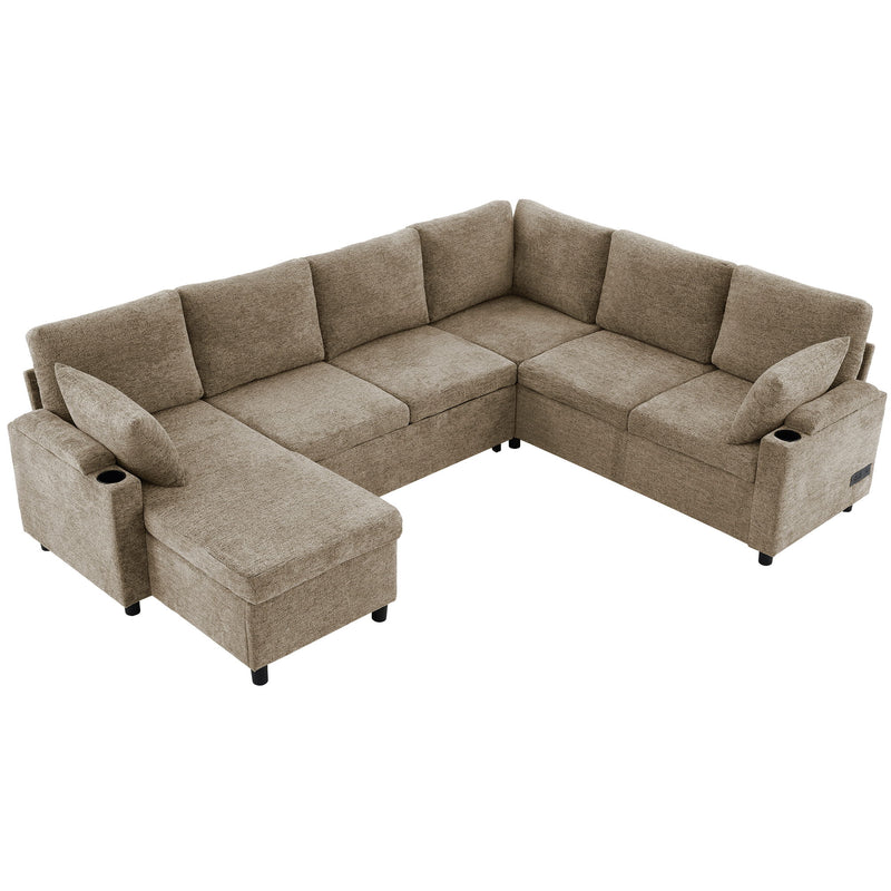 U-Shaped Sectional Sofa Bed With Storage, Charging Ports, And Cup Holders - Brown