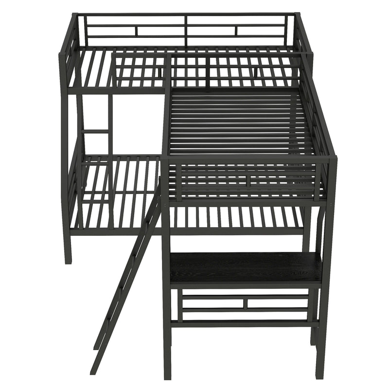 Twin Over Full Bunk Bed With Loft And Desk, L-Shaped Design For 3 Sleepers - Black