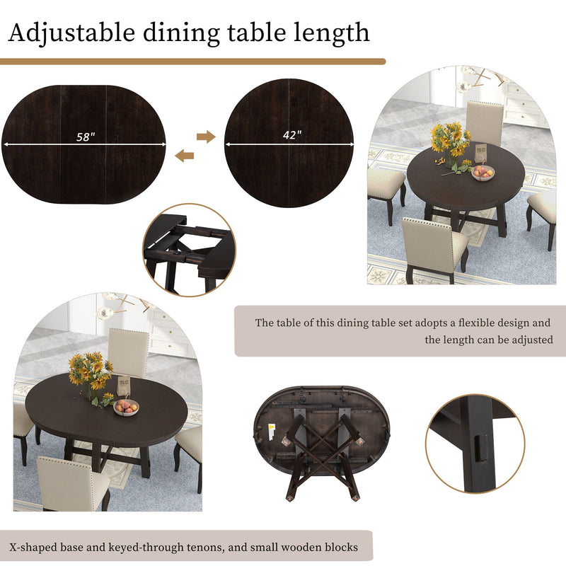 Round Extendable Dining Table Set With 4 Upholstered Chairs