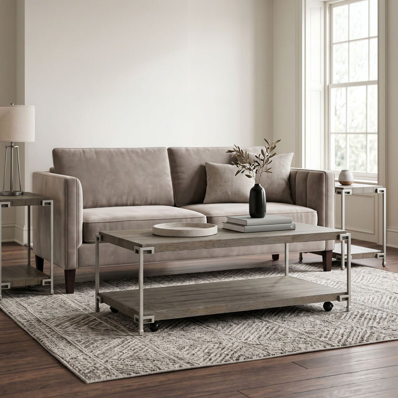 Corbeta - 3 Piece Metal Frame Wood Living Room Coffee Table And 2 Chairside Tables Set, Aged Graphite - Brown