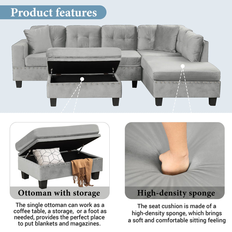 Modern Sectional Sofa With Storage Ottoman, L - Shape Couch With 2 Pillows And Cup Holders