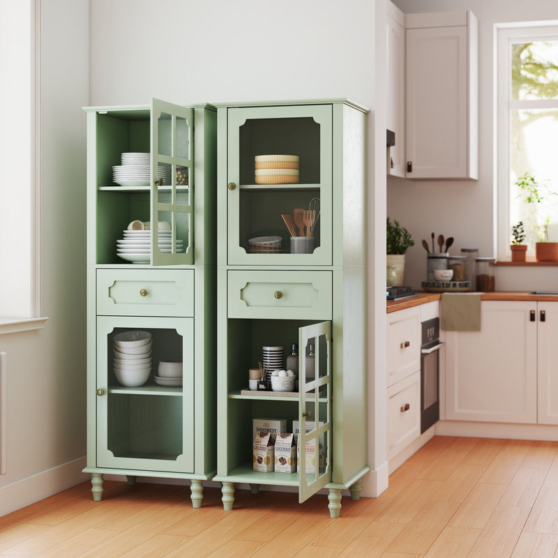 Curio Cabinet, Freestanding Vintage Display Storage Cabinet, Adjustable Shelves - Green
