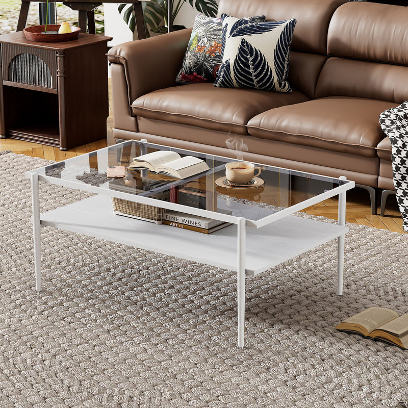 Rectangle Coffee Table With Tempered Glass Top And Legs, Modern Table For Living Room