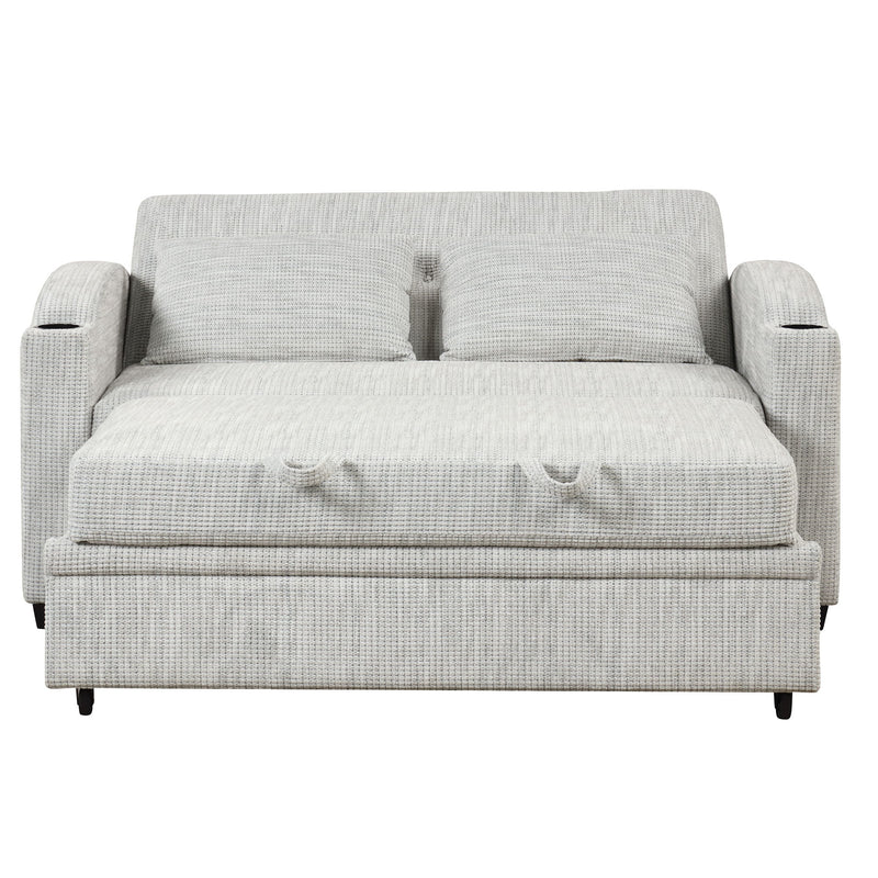 Pull Out Loveseat Sofa With Adjsutable Backrest, 2 Pillows, Cup Holders, USB Ports For Living Room