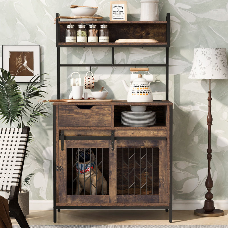 Furniture Style 2 In 1 Pet Friendly Dog Crate Composite Desk Hutch - Rustic Brown