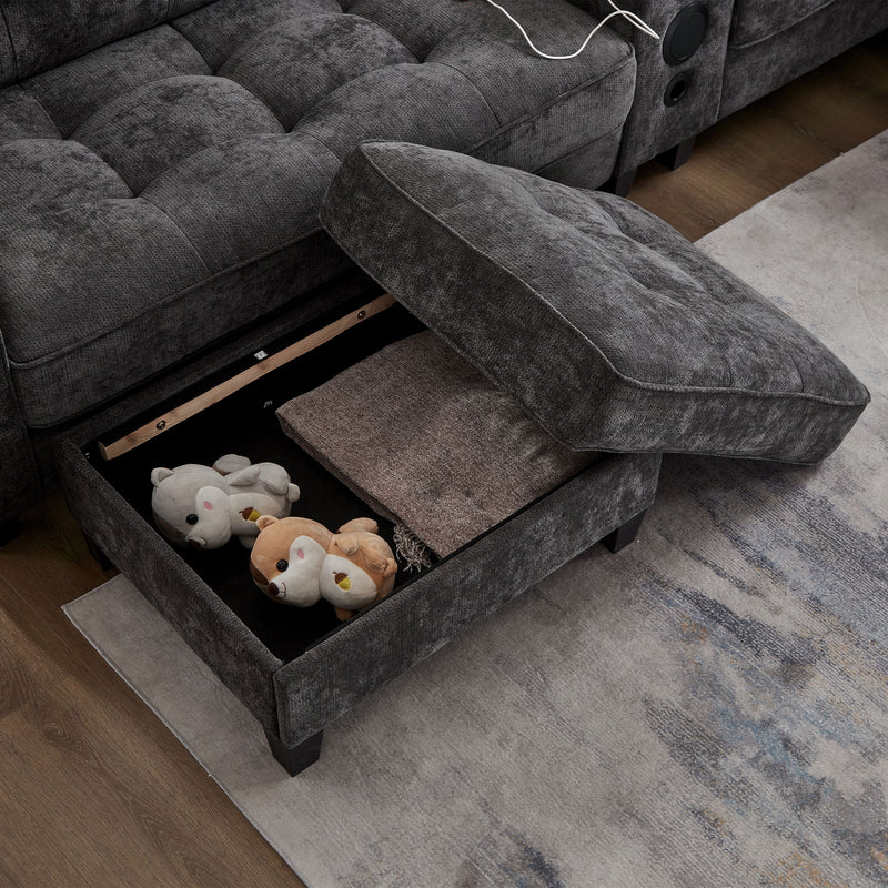 Modern Sectional Sofa U-Shaped With Movable Ottomans, tooth Speakers, LED Lights And Modular Storage