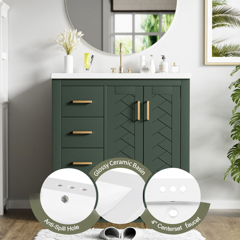 Ceramic Sink Combo, Freestanding Vanity Set With 3 Drawers & Soft Closing Doors